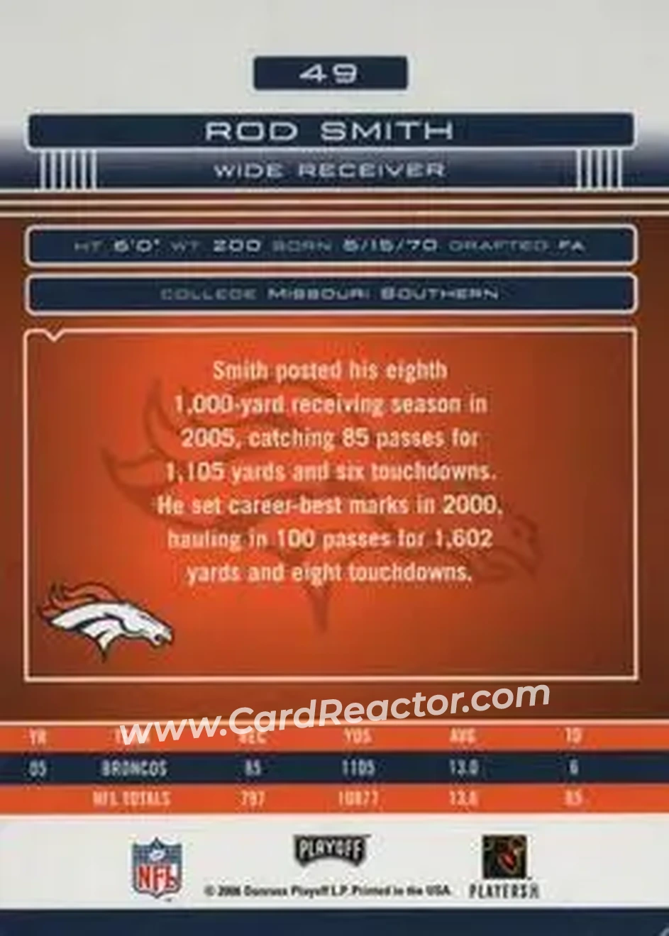 2006 Playoff Absolute Memorabilia #49 - Rod Smith - Denver Broncos - Back