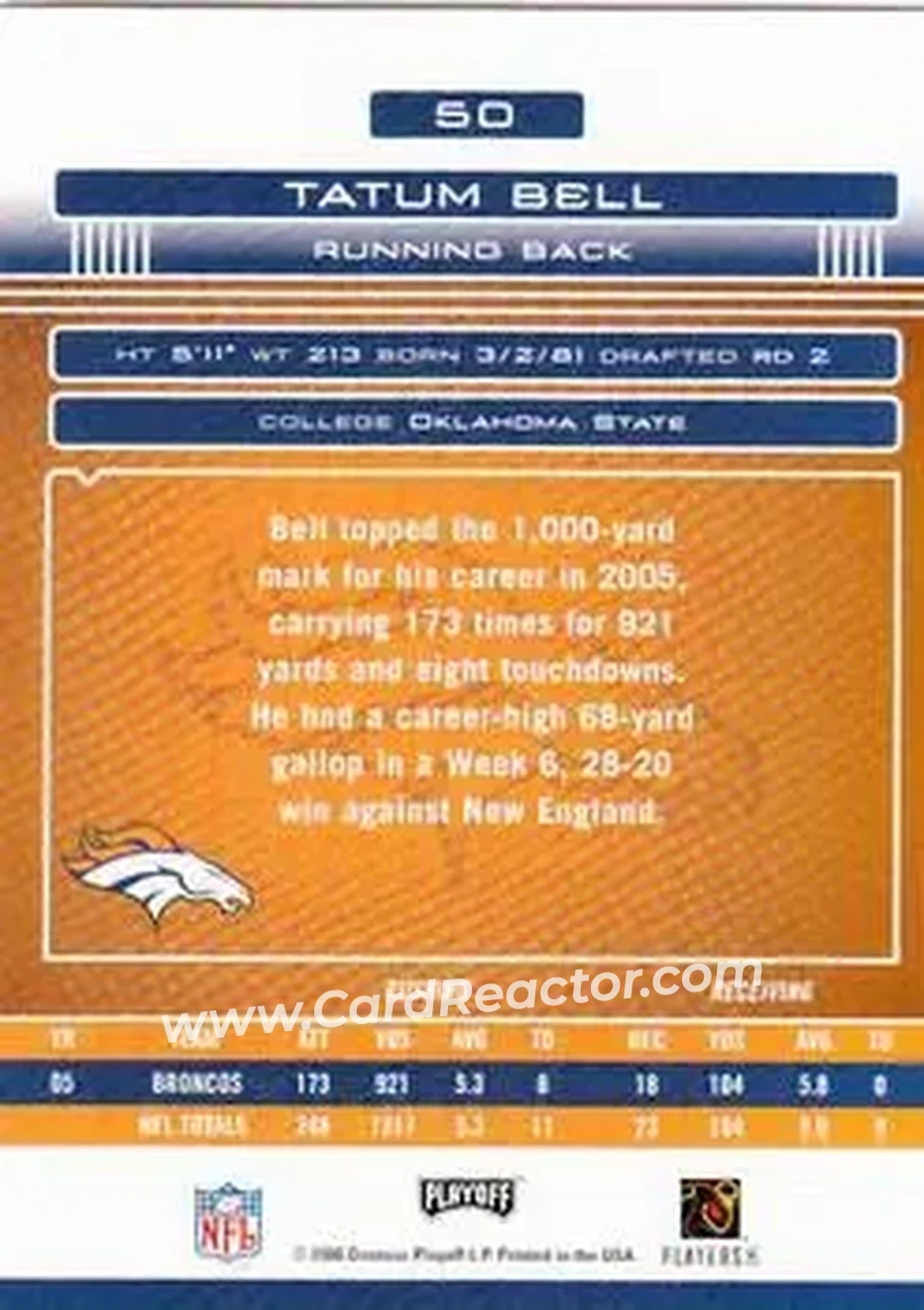 2006 Playoff Absolute Memorabilia #50 - Tatum Bell - Denver Broncos - Back 2006 Playoff Absolute Memorabilia #50 - Tatum Bell - Denver Broncos - Back