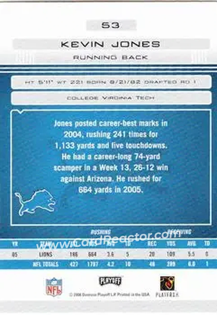 2006 Playoff Absolute Memorabilia #53 - Kevin Jones - Detroit Lions - Back 2006 Playoff Absolute Memorabilia #53 - Kevin Jones - Detroit Lions - Back