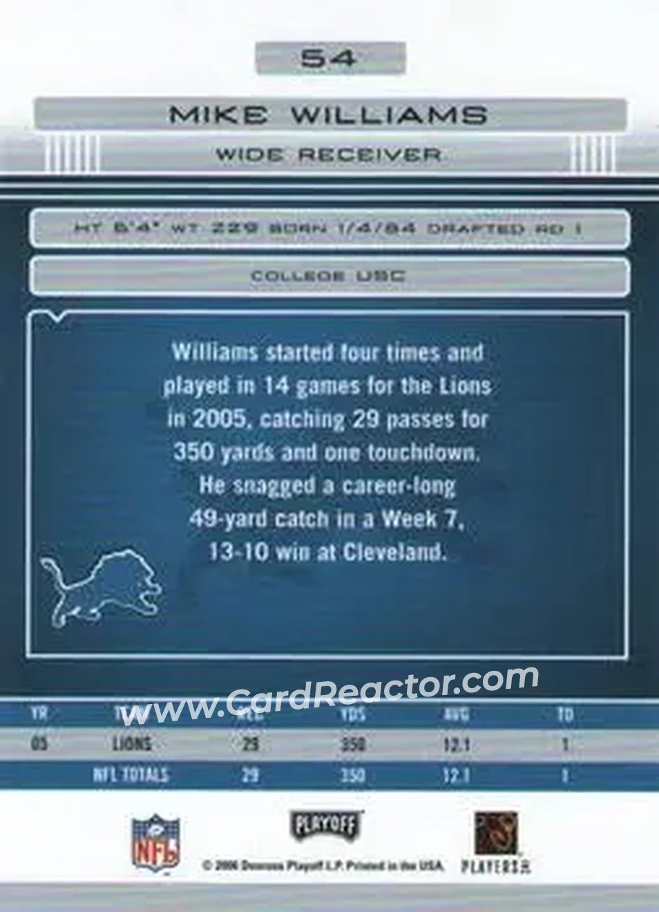 2006 Playoff Absolute Memorabilia #54 - Mike Williams - Detroit Lions - Back 2006 Playoff Absolute Memorabilia #54 - Mike Williams - Detroit Lions - Back