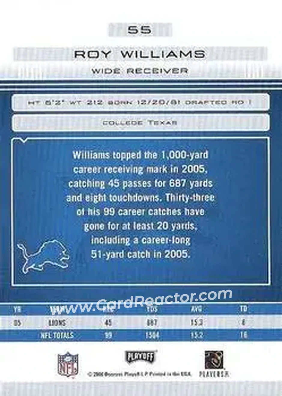 2006 Playoff Absolute Memorabilia #55 - Roy Williams - Detroit Lions - Back 2006 Playoff Absolute Memorabilia #55 - Roy Williams - Detroit Lions - Back