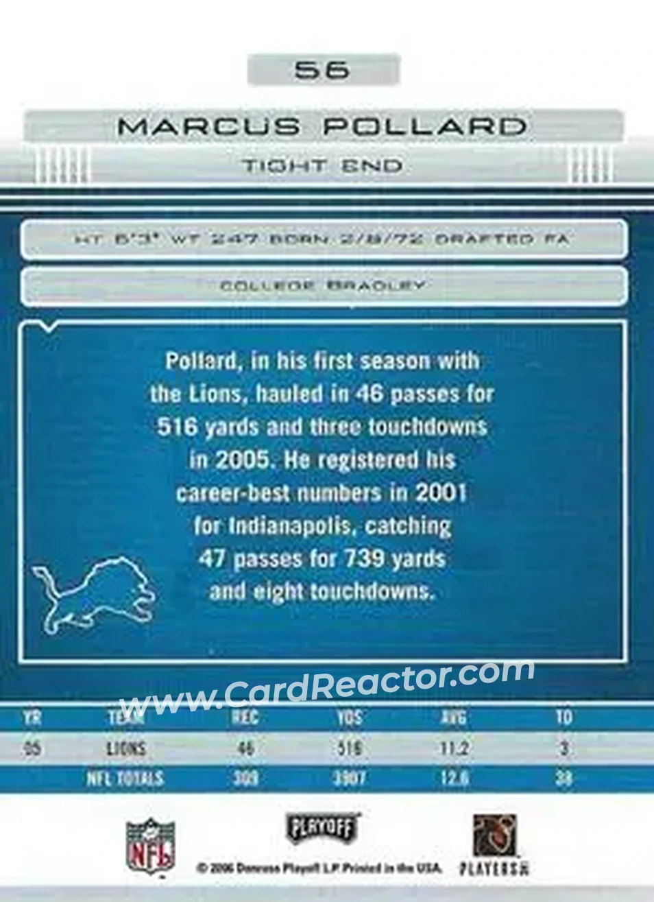 2006 Playoff Absolute Memorabilia #56 - Marcus Pollard - Detroit Lions - Back