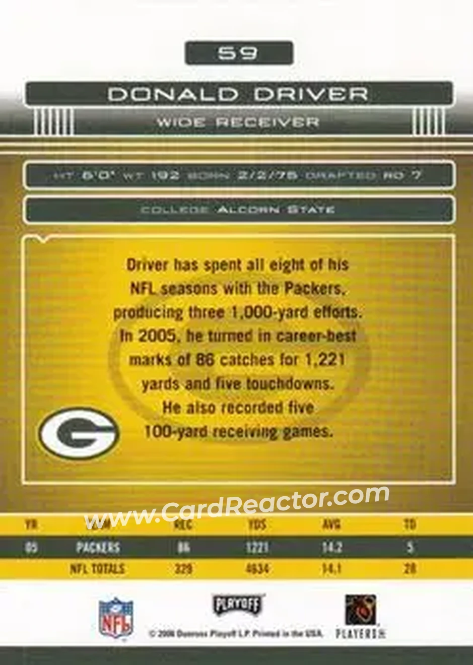 2006 Playoff Absolute Memorabilia #59 - Donald Driver - Green Bay Packers - Back 2006 Playoff Absolute Memorabilia #59 - Donald Driver - Green Bay Packers - Back