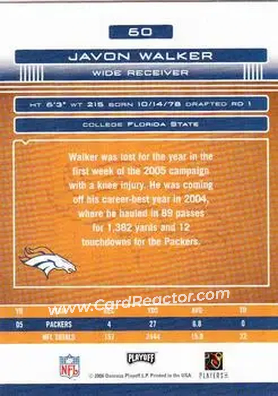 2006 Playoff Absolute Memorabilia #60 - Javon Walker - Denver Broncos - Back