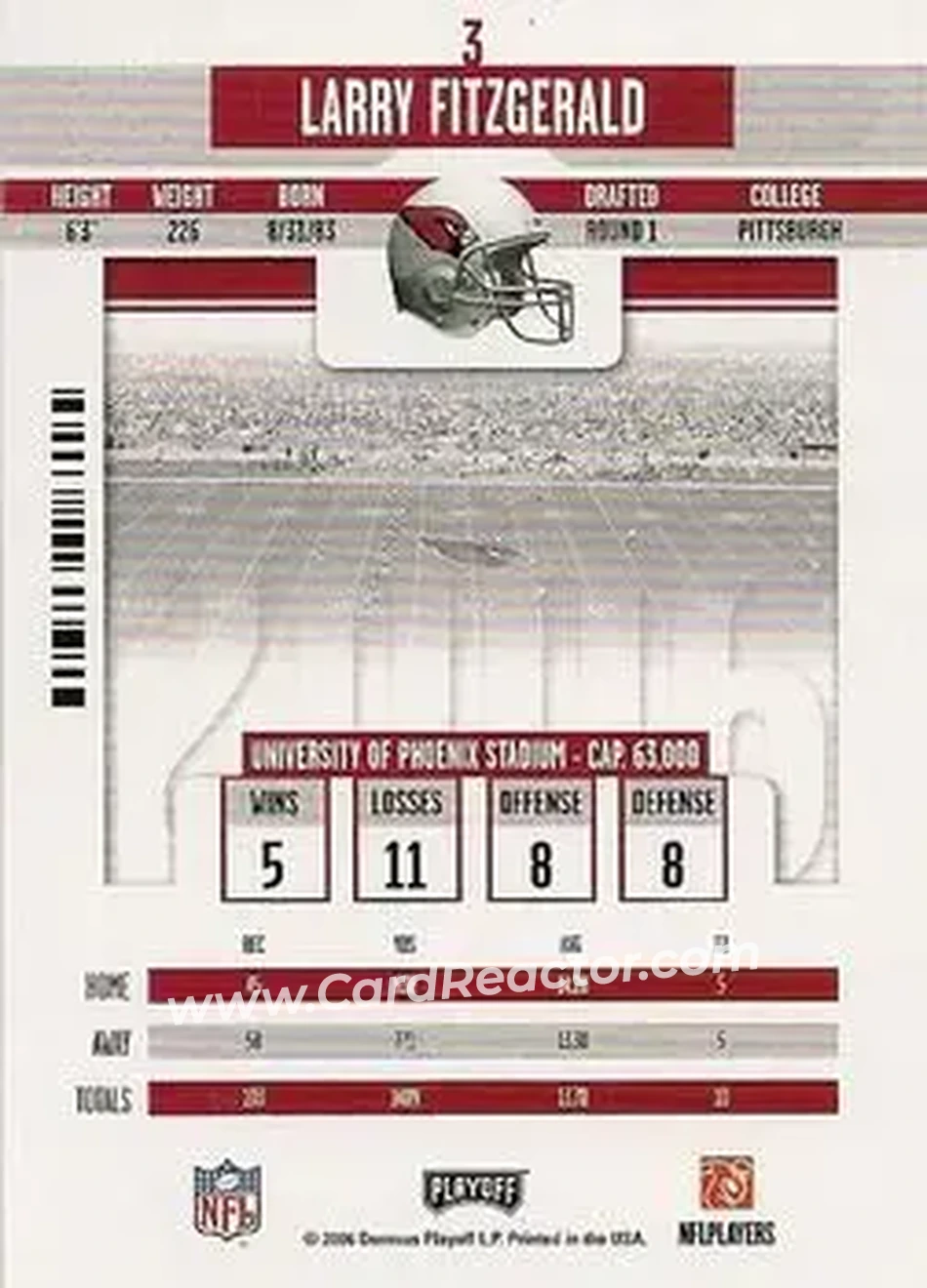 2006 Playoff Contenders #3 - Larry Fitzgerald - Arizona Cardinals - Back 2006 Playoff Contenders #3 - Larry Fitzgerald - Arizona Cardinals - Back