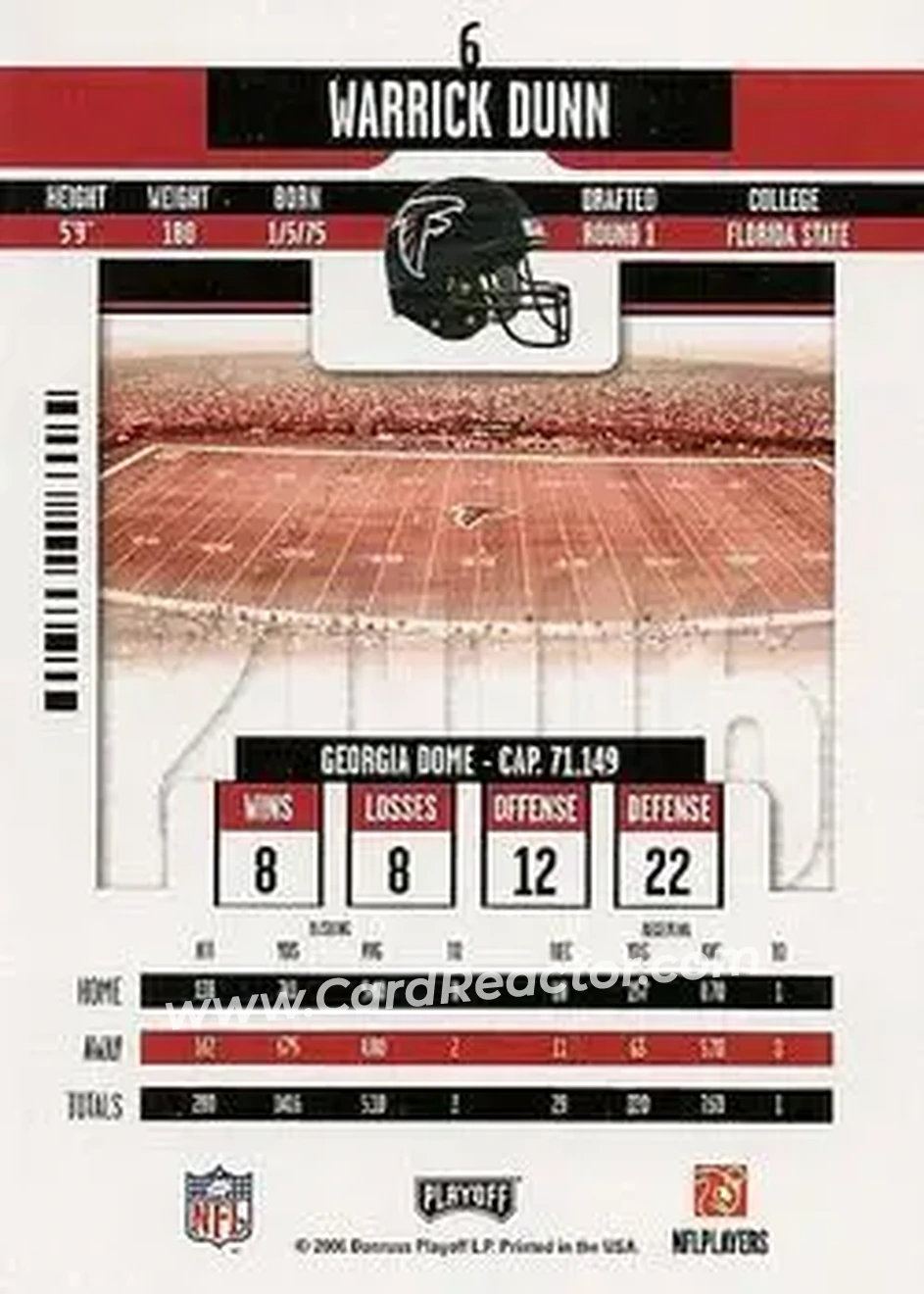 2006 Playoff Contenders #6 - Warrick Dunn - Atlanta Falcons - Back