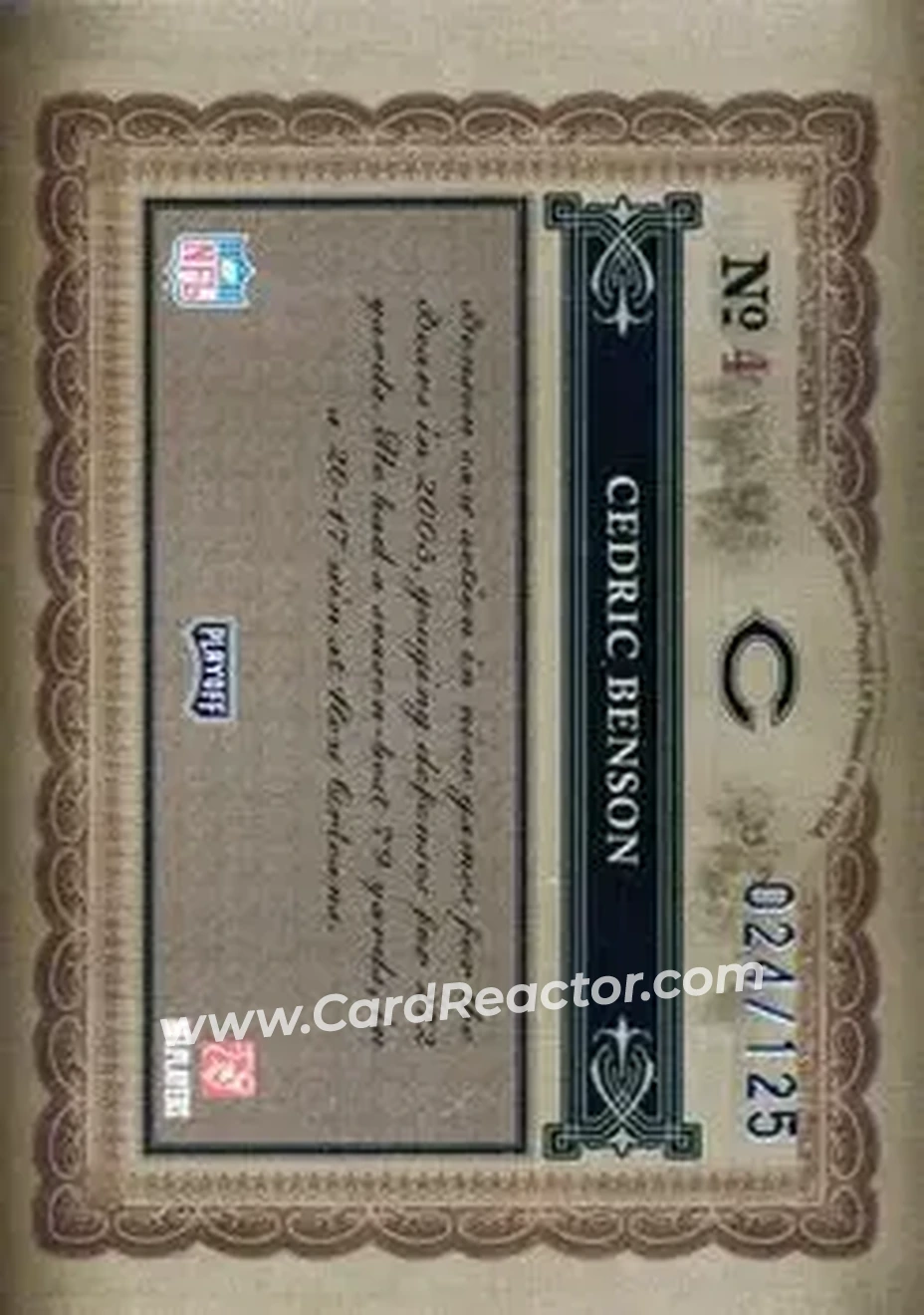 2006 Playoff National Treasures #4 - Cedric Benson - Chicago Bears - Back