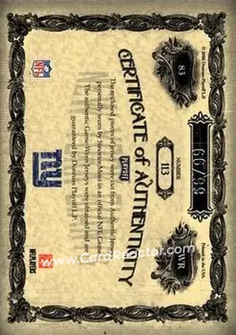 2006 Playoff National Treasures #113 - Sinorice Moss - New York Giants - Back