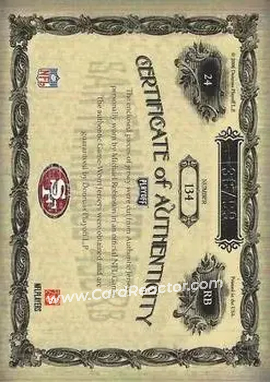 2006 Playoff National Treasures #134 - Michael Robinson - San Francisco 49ers - Back 2006 Playoff National Treasures #134 - Michael Robinson - San Francisco 49ers - Back