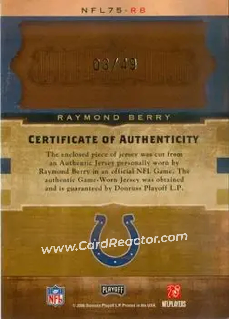 2006 Playoff National Treasures - 75th Anniversary Team Materials #NFL75-RB - Raymond Berry - Baltimore Colts - Back