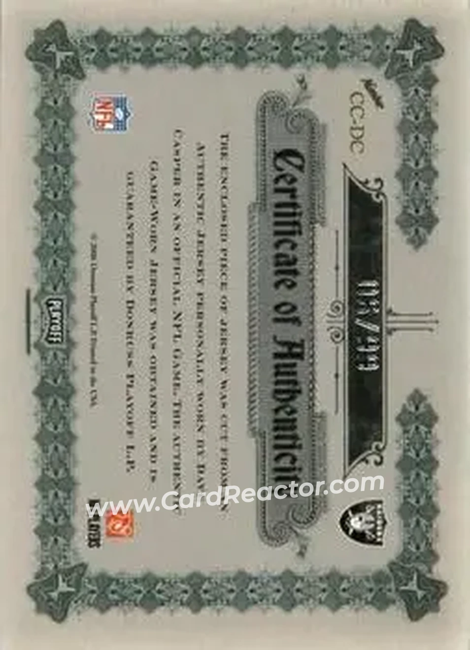 2006 Playoff National Treasures - Canton Classics Materials #CC-DC - Dave Casper - Oakland Raiders - Back