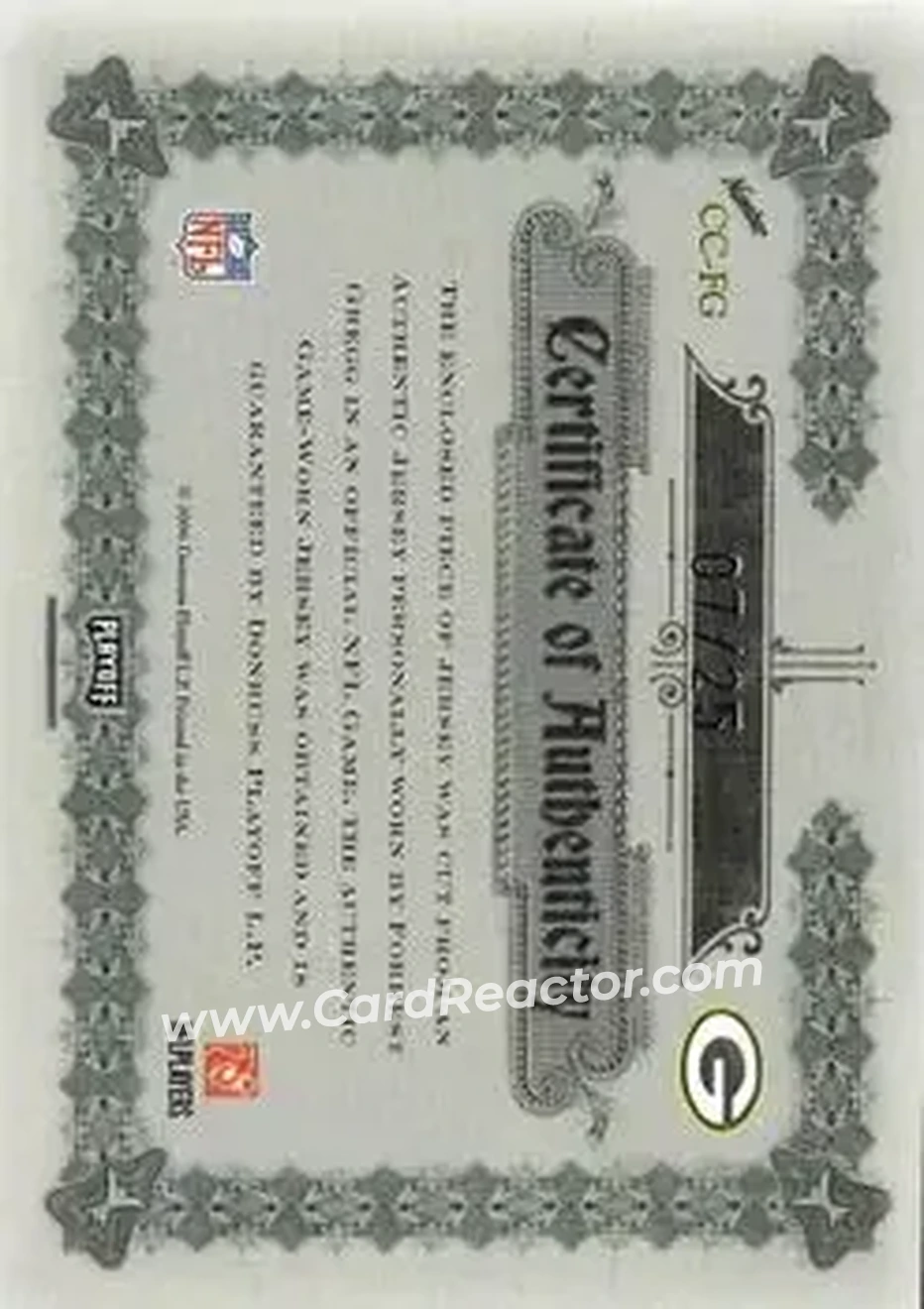 2006 Playoff National Treasures - Canton Classics Materials Jumbo Jerseys #CC-FG - Forrest Gregg - Green Bay Packers - Back