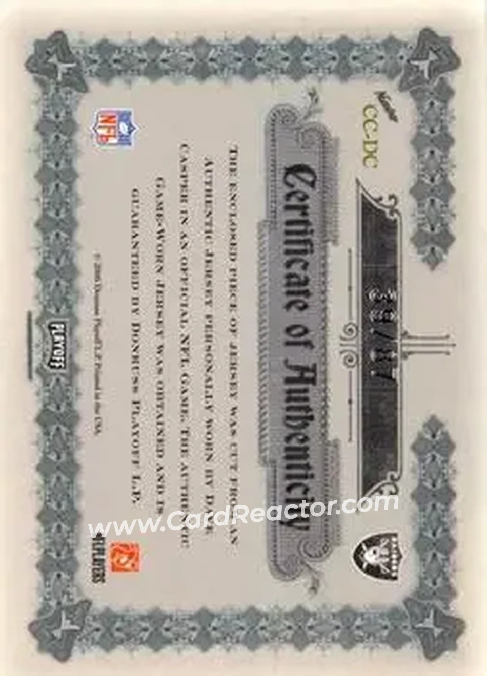 2006 Playoff National Treasures - Canton Classics Materials Signature Jersey Number #CC-DC - Dave Casper - Oakland Raiders - Back 2006 Playoff National Treasures - Canton Classics Materials Signature Jersey Number #CC-DC - Dave Casper - Oakland Raiders - Back