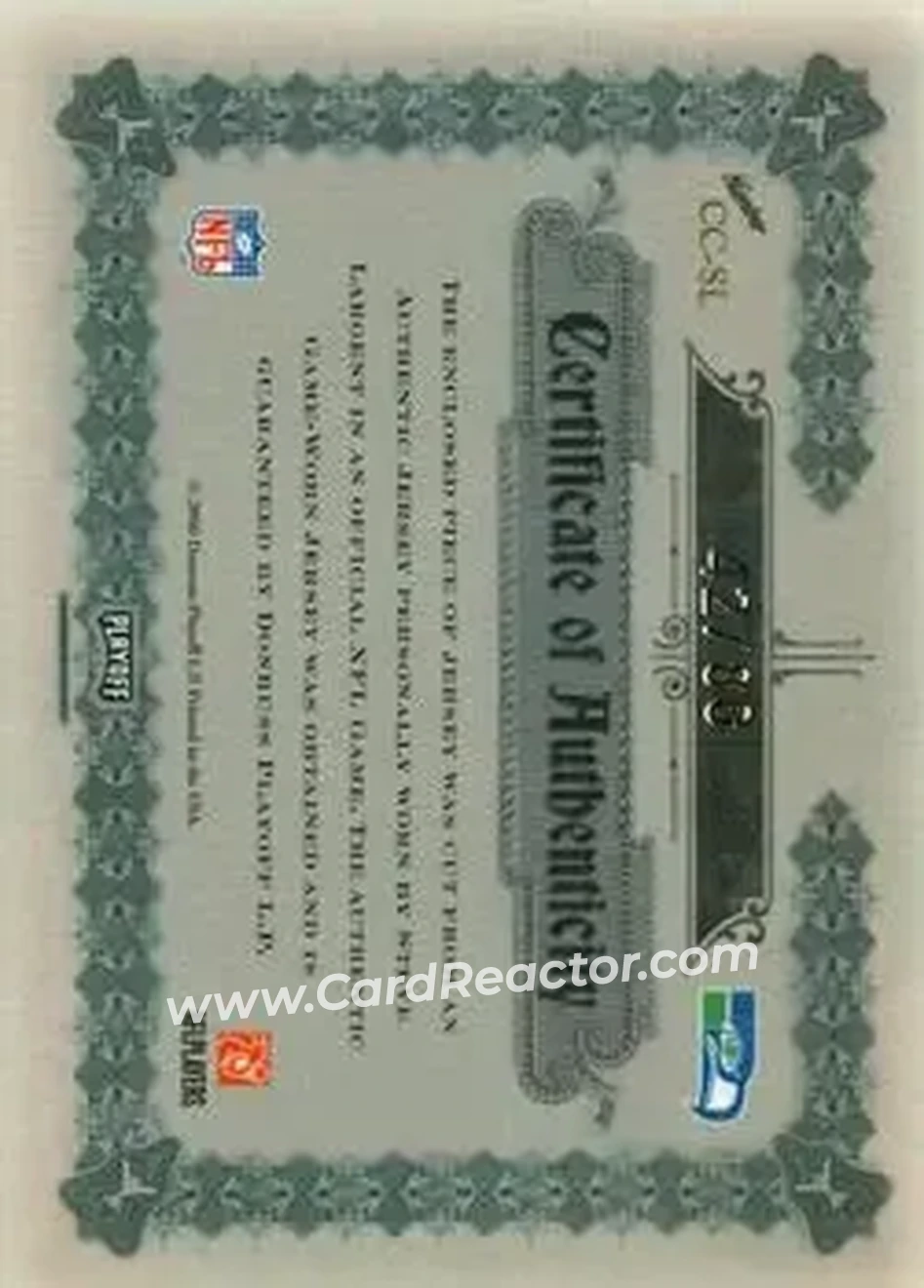 2006 Playoff National Treasures - Canton Classics Materials Signature Jersey Number #CC-SL - Steve Largent - Seattle Seahawks - Back 2006 Playoff National Treasures - Canton Classics Materials Signature Jersey Number #CC-SL - Steve Largent - Seattle Seahawks - Back