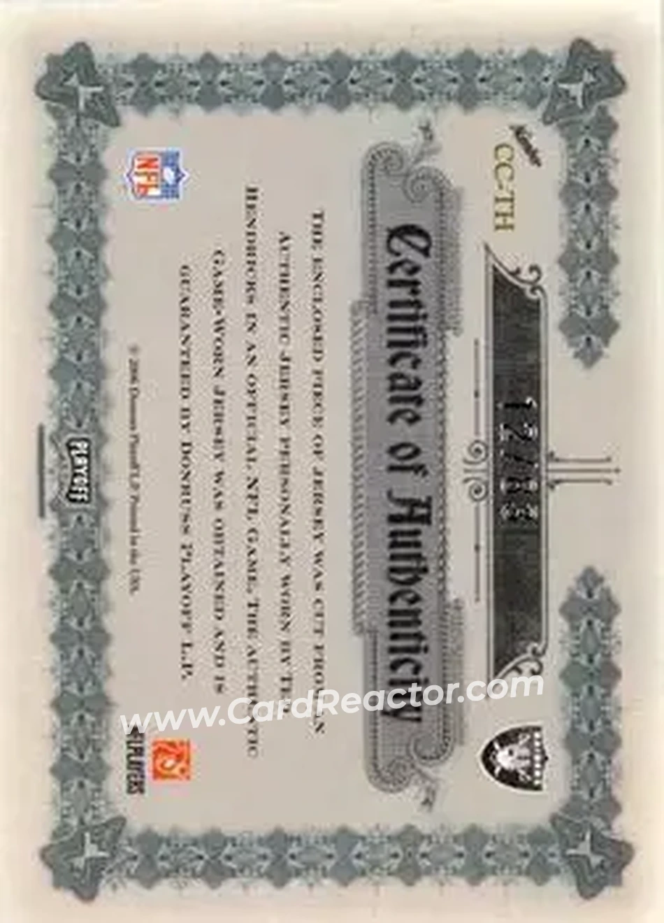 2006 Playoff National Treasures - Canton Classics Materials Signature Jersey Number #CC-TH - Ted Hendricks - Oakland Raiders - Back 2006 Playoff National Treasures - Canton Classics Materials Signature Jersey Number #CC-TH - Ted Hendricks - Oakland Raiders - Back