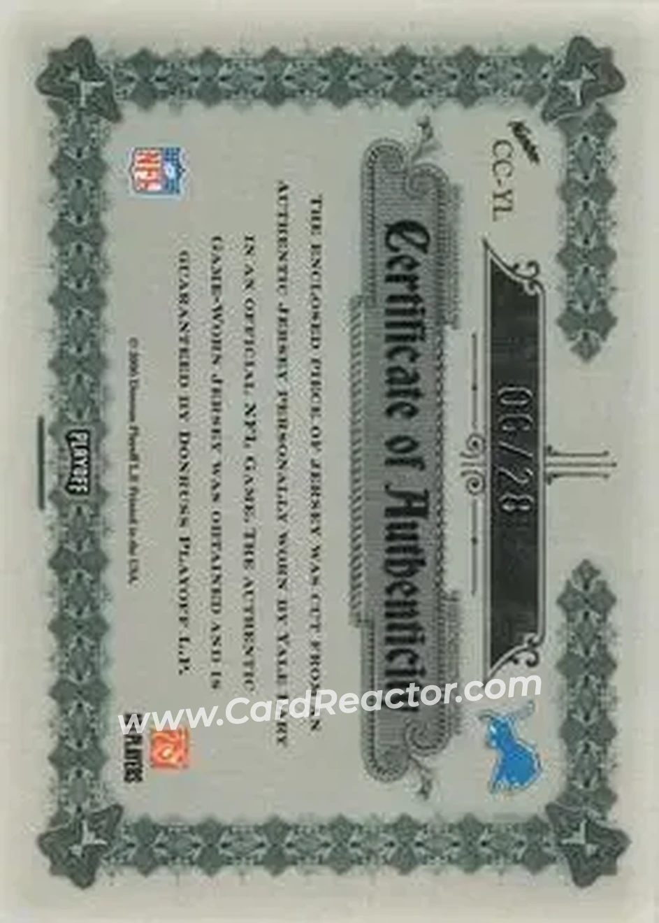 2006 Playoff National Treasures - Canton Classics Materials Signature Jersey Number #CC-YL - Yale Lary - Detroit Lions - Back 2006 Playoff National Treasures - Canton Classics Materials Signature Jersey Number #CC-YL - Yale Lary - Detroit Lions - Back