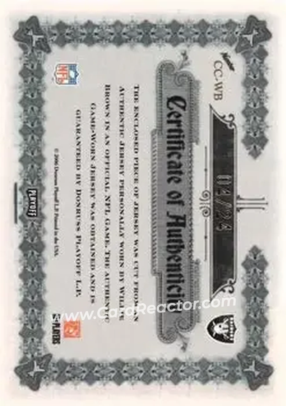 2006 Playoff National Treasures - Canton Classics Materials Signature Jersey Number Prime #CC-WB - Willie Brown - Oakland Raiders - Back 2006 Playoff National Treasures - Canton Classics Materials Signature Jersey Number Prime #CC-WB - Willie Brown - Oakland Raiders - Back