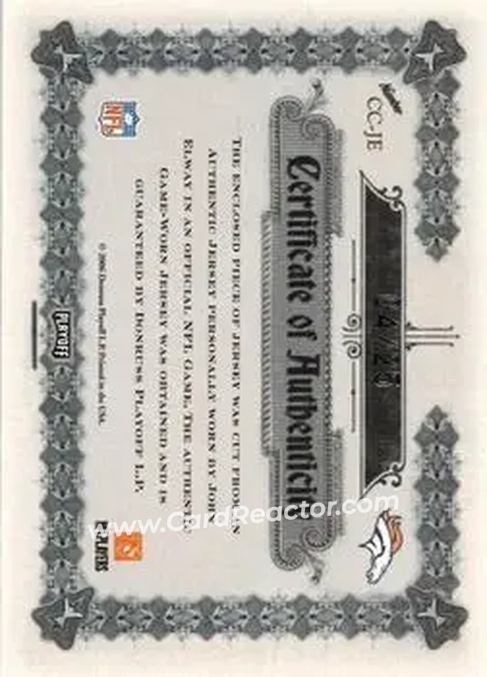 2006 Playoff National Treasures - Canton Classics Materials Signature Position #CC-JE - John Elway - Denver Broncos - Back 2006 Playoff National Treasures - Canton Classics Materials Signature Position #CC-JE - John Elway - Denver Broncos - Back