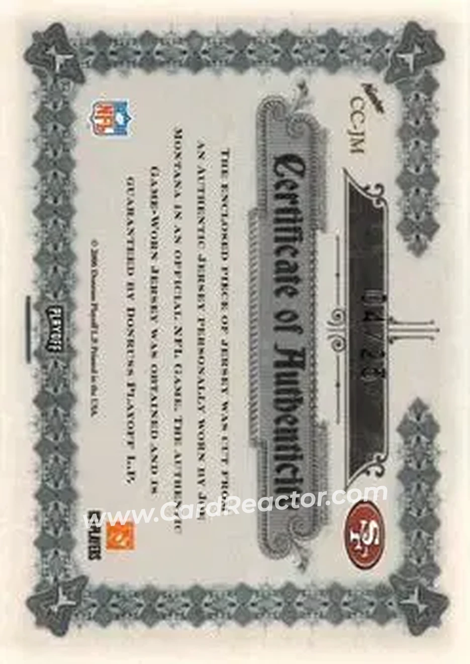 2006 Playoff National Treasures - Canton Classics Materials Signature Position #CC-JM - Joe Montana - San Francisco 49ers - Back 2006 Playoff National Treasures - Canton Classics Materials Signature Position #CC-JM - Joe Montana - San Francisco 49ers - Back
