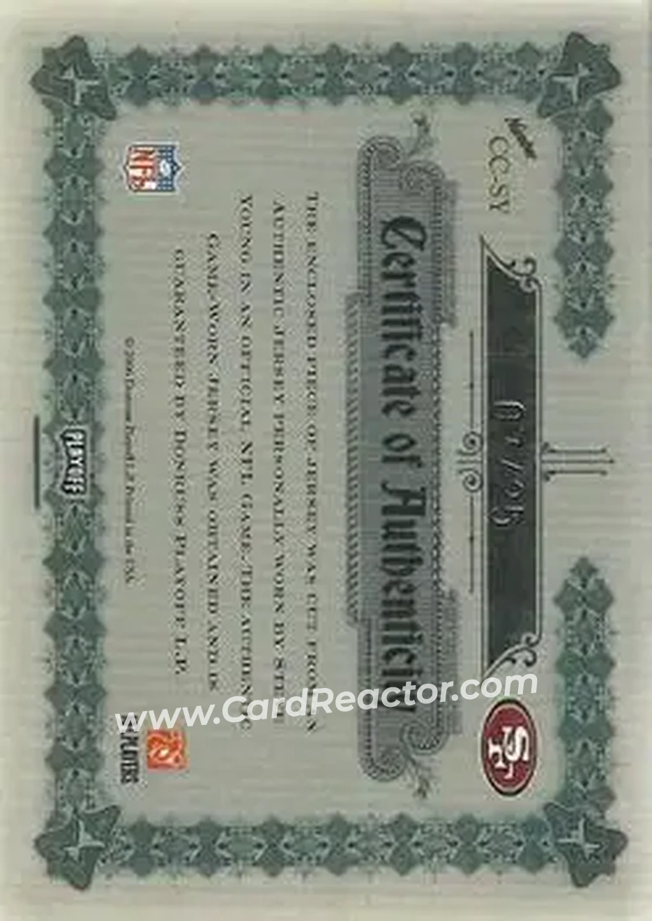 2006 Playoff National Treasures - Canton Classics Materials Signature Position #CC-SY - Steve Young - San Francisco 49ers - Back 2006 Playoff National Treasures - Canton Classics Materials Signature Position #CC-SY - Steve Young - San Francisco 49ers - Back
