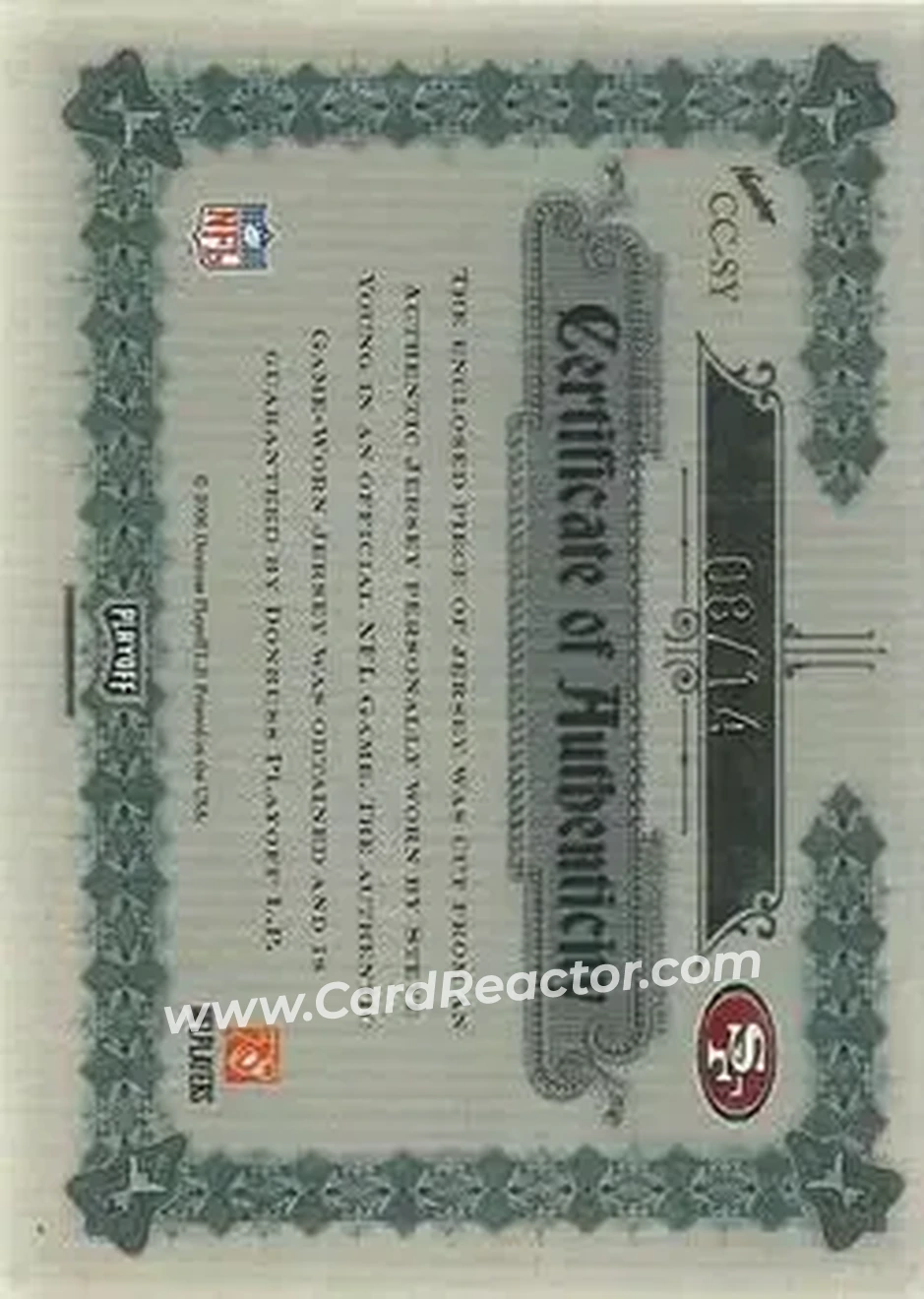 2006 Playoff National Treasures - Canton Classics Materials Signature Position Prime #CC-SY - Steve Young - San Francisco 49ers - Back 2006 Playoff National Treasures - Canton Classics Materials Signature Position Prime #CC-SY - Steve Young - San Francisco 49ers - Back