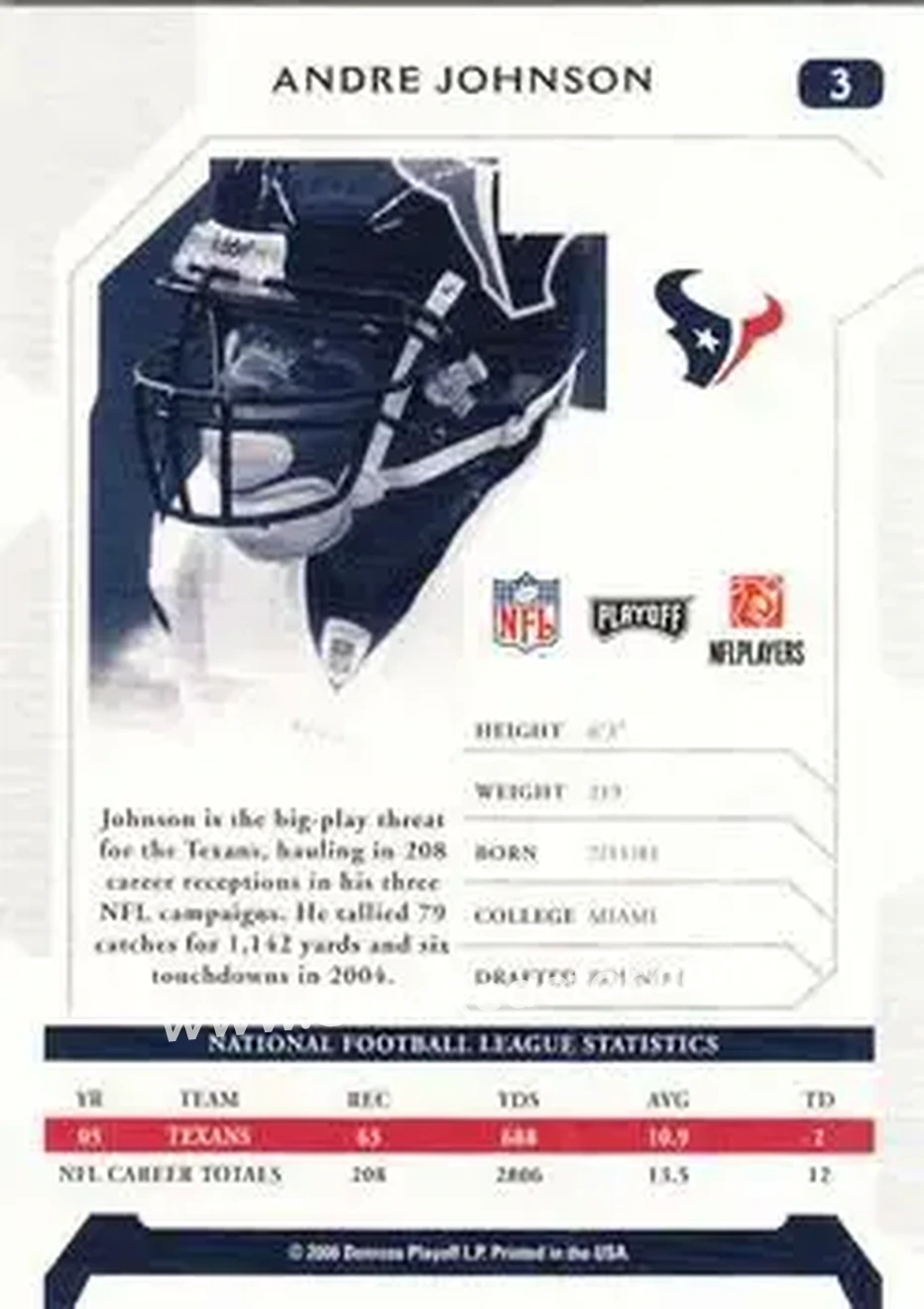 2006 Playoff NFL Playoffs #3 - Andre Johnson - Houston Texans - Back