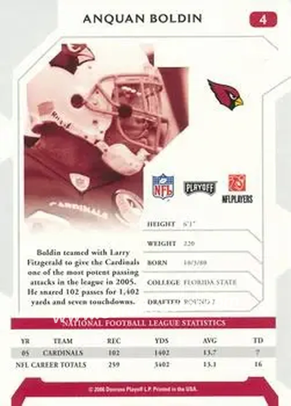 2006 Playoff NFL Playoffs #4 - Anquan Boldin - Arizona Cardinals - Back