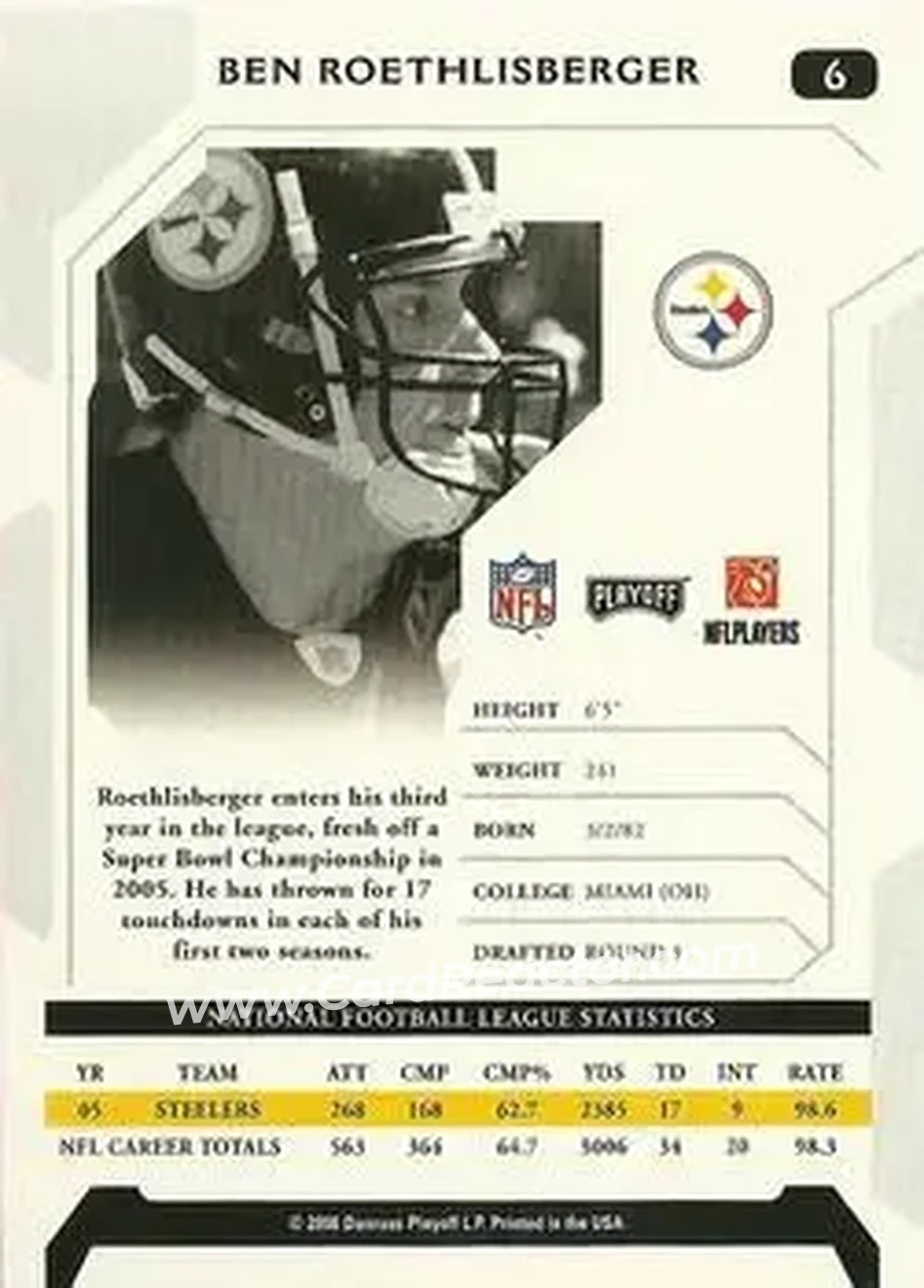 2006 Playoff NFL Playoffs #6 - Ben Roethlisberger - Pittsburgh Steelers - Back