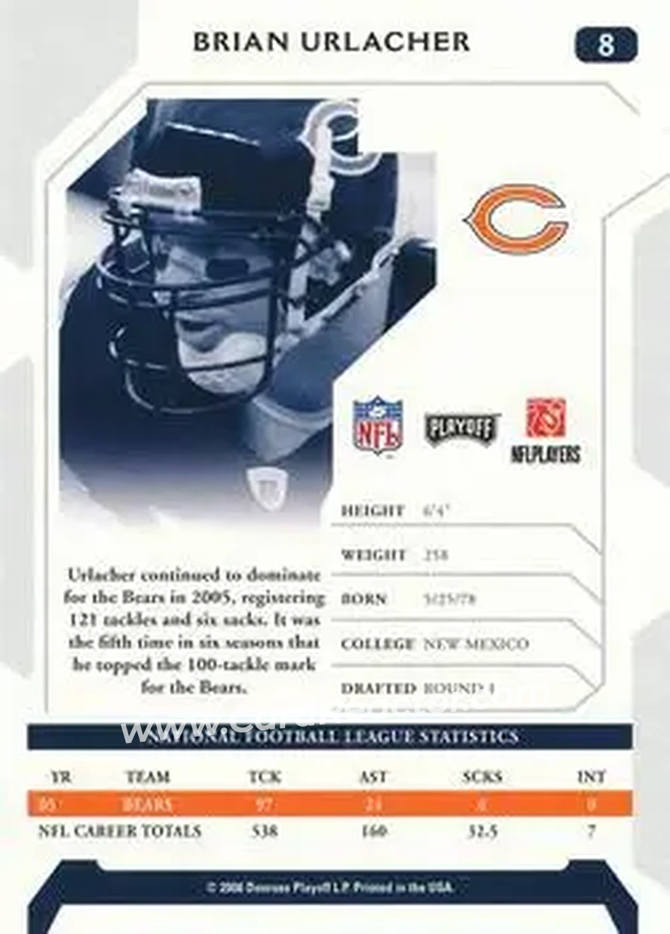 2006 Playoff NFL Playoffs #8 - Brian Urlacher - Chicago Bears - Back