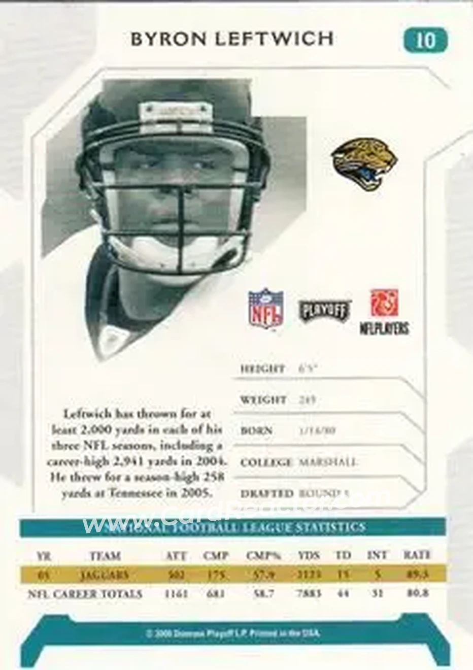 2006 Playoff NFL Playoffs #10 - Byron Leftwich - Jacksonville Jaguars - Back 2006 Playoff NFL Playoffs #10 - Byron Leftwich - Jacksonville Jaguars - Back