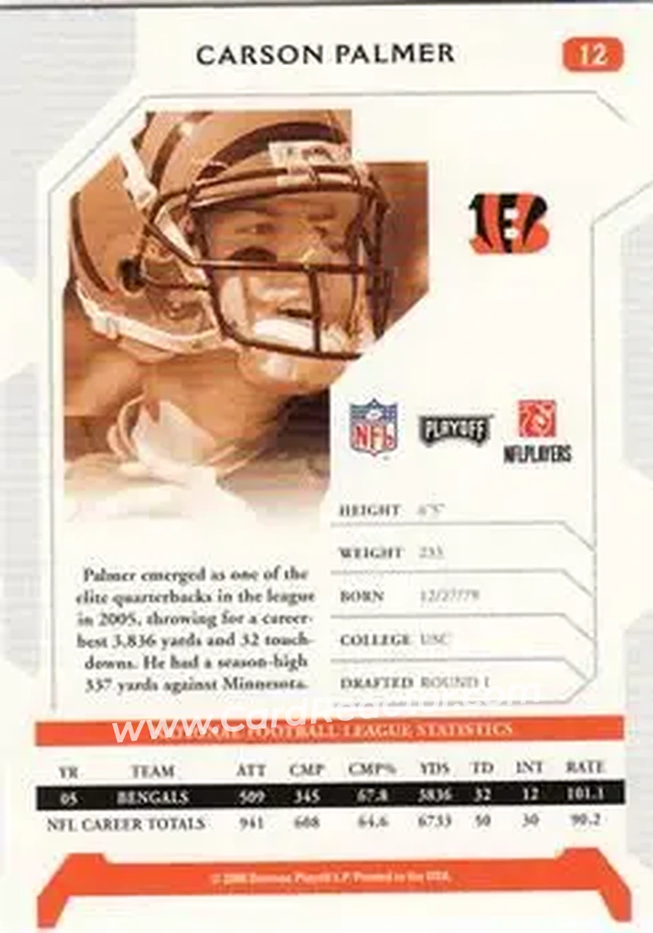 2006 Playoff NFL Playoffs #12 - Carson Palmer - Cincinnati Bengals - Back 2006 Playoff NFL Playoffs #12 - Carson Palmer - Cincinnati Bengals - Back