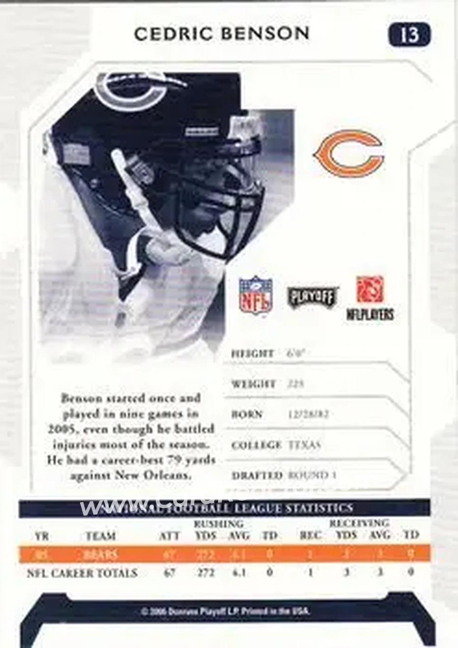2006 Playoff NFL Playoffs #13 - Cedric Benson - Chicago Bears - Back