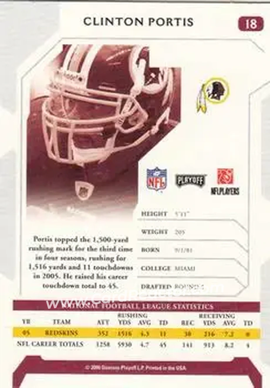 2006 Playoff NFL Playoffs #18 - Clinton Portis - Washington Redskins - Back 2006 Playoff NFL Playoffs #18 - Clinton Portis - Washington Redskins - Back
