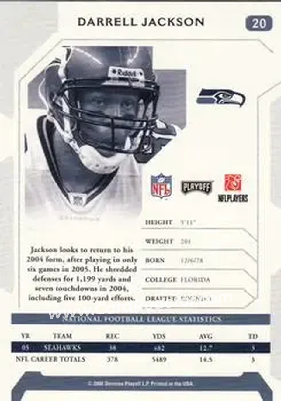 2006 Playoff NFL Playoffs #20 - Darrell Jackson - Seattle Seahawks - Back 2006 Playoff NFL Playoffs #20 - Darrell Jackson - Seattle Seahawks - Back