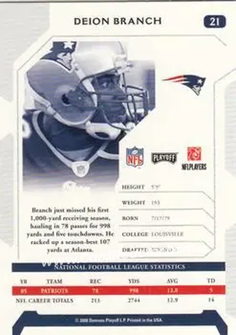 2006 Playoff NFL Playoffs #21 - Deion Branch - New England Patriots - Back 2006 Playoff NFL Playoffs #21 - Deion Branch - New England Patriots - Back