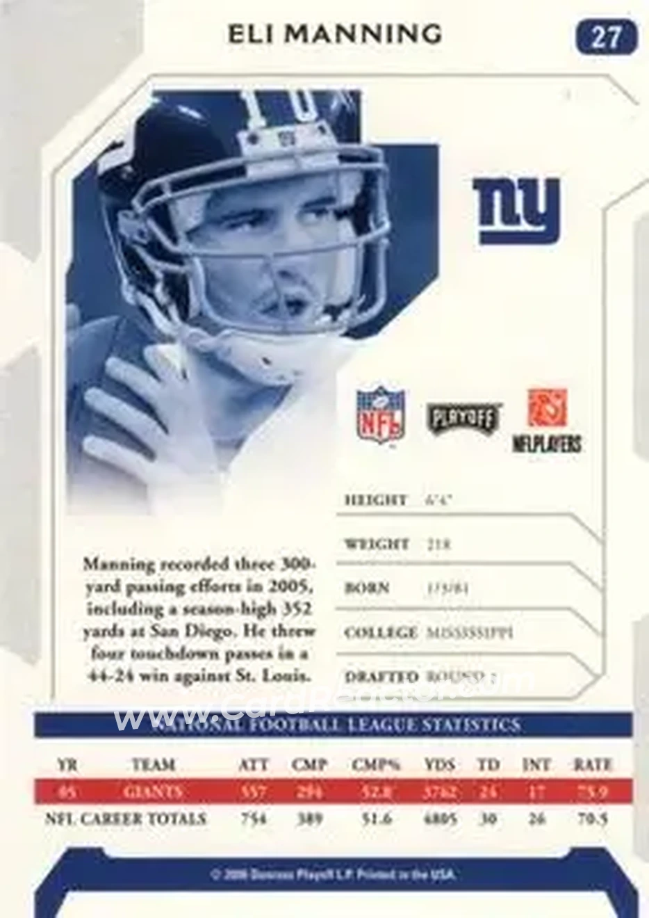2006 Playoff NFL Playoffs #27 - Eli Manning - New York Giants - Back
