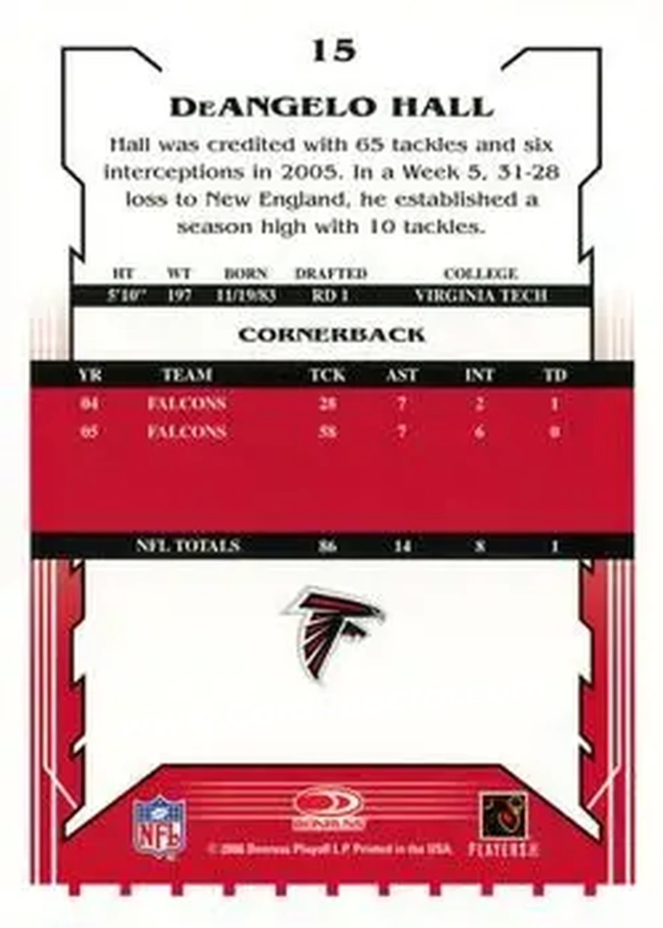 2006 Score #15 - DeAngelo Hall - Atlanta Falcons - Back