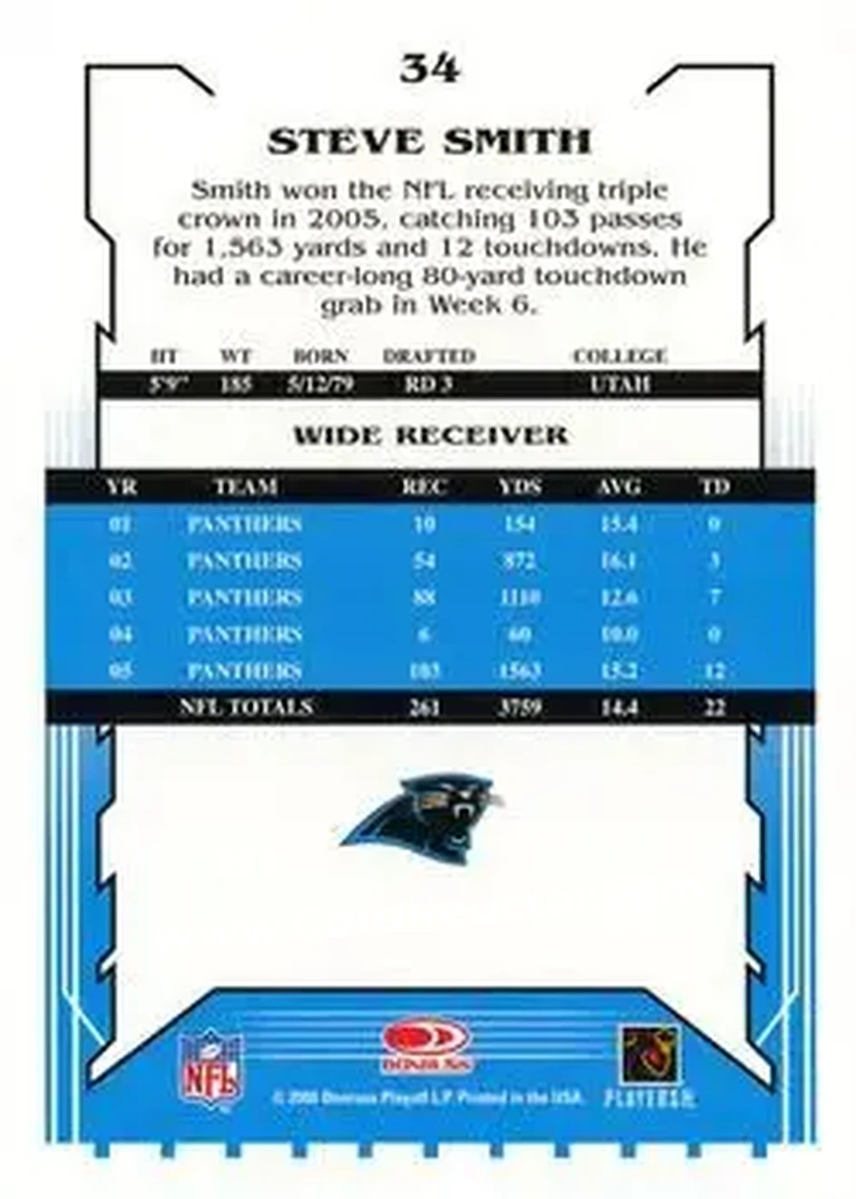 2006 Score #34 - Steve Smith Sr. - Carolina Panthers - Back