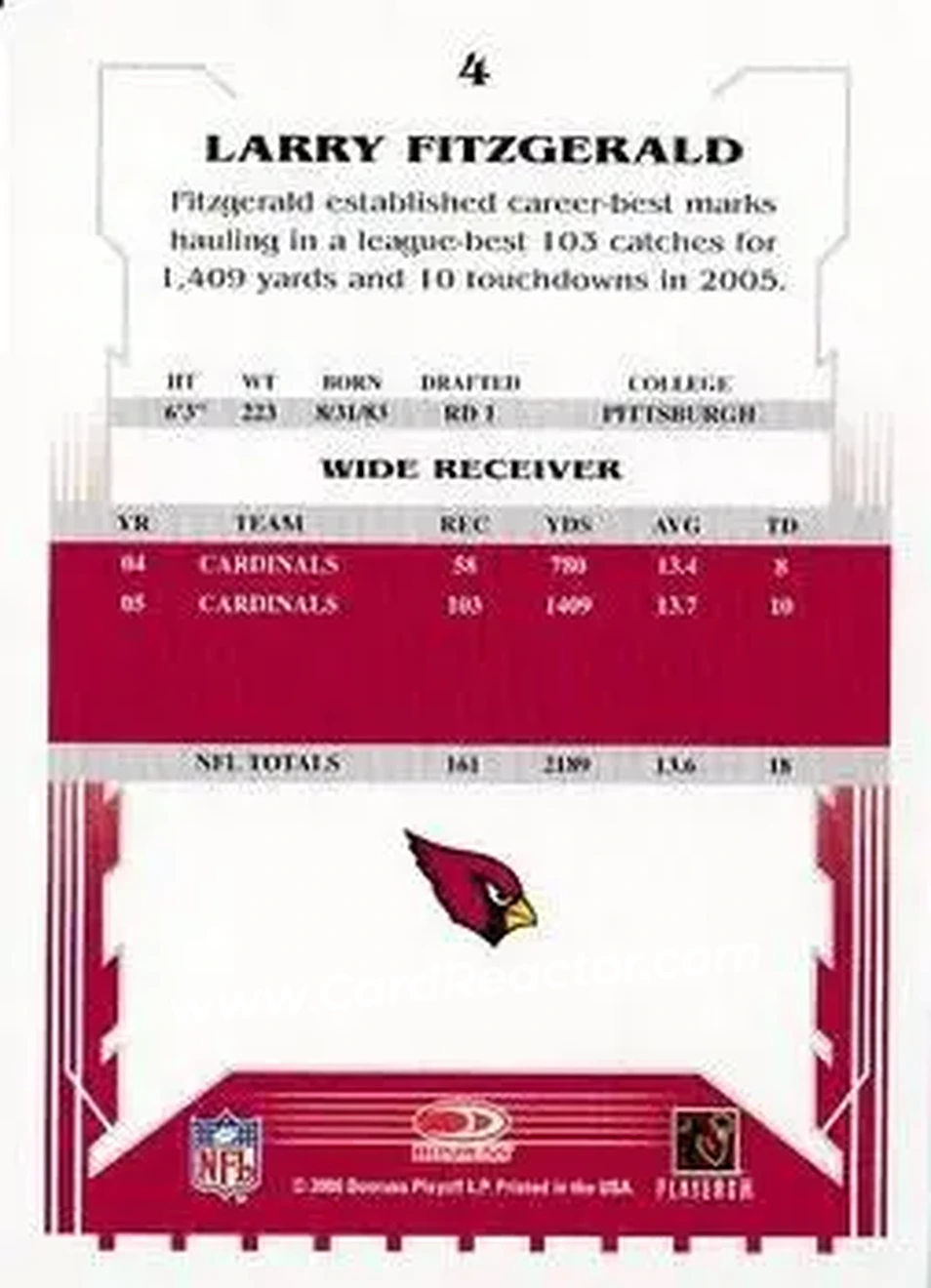 2006 Score Select #4 - Larry Fitzgerald - Arizona Cardinals - Back 2006 Score Select #4 - Larry Fitzgerald - Arizona Cardinals - Back