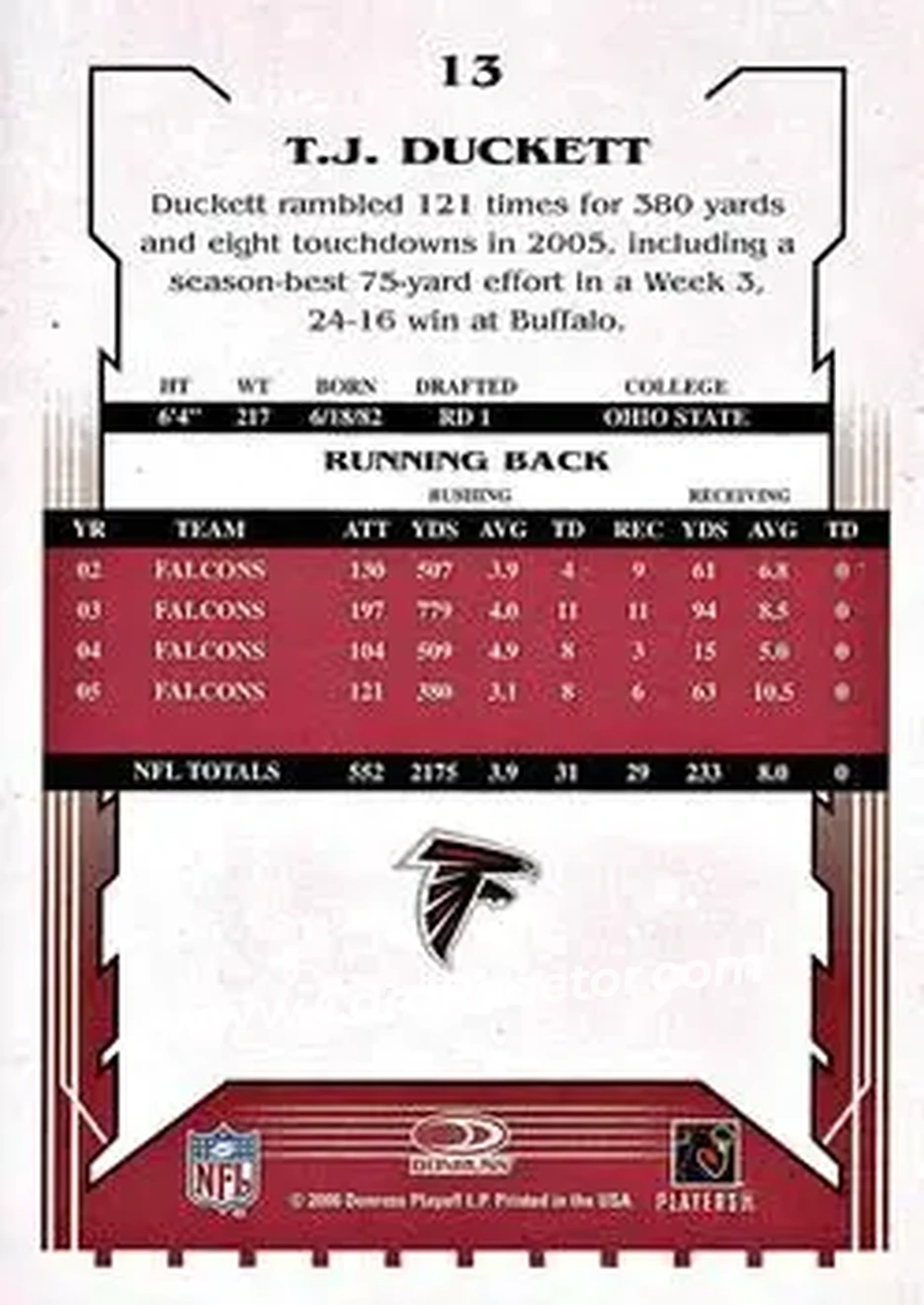2006 Score Select #13 - T.J. Duckett - Atlanta Falcons - Back