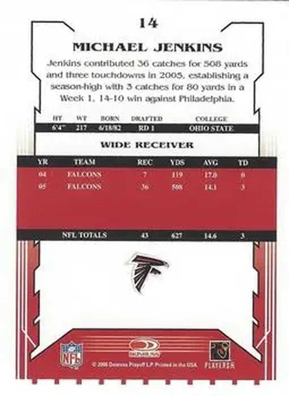 2006 Score Select #14 - Michael Jenkins - Atlanta Falcons - Back