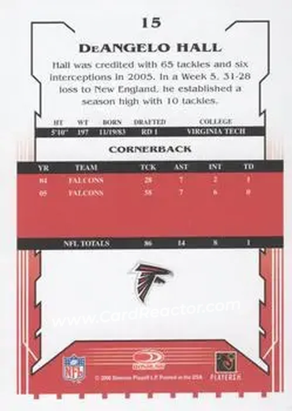 2006 Score Select #15 - DeAngelo Hall - Atlanta Falcons - Back