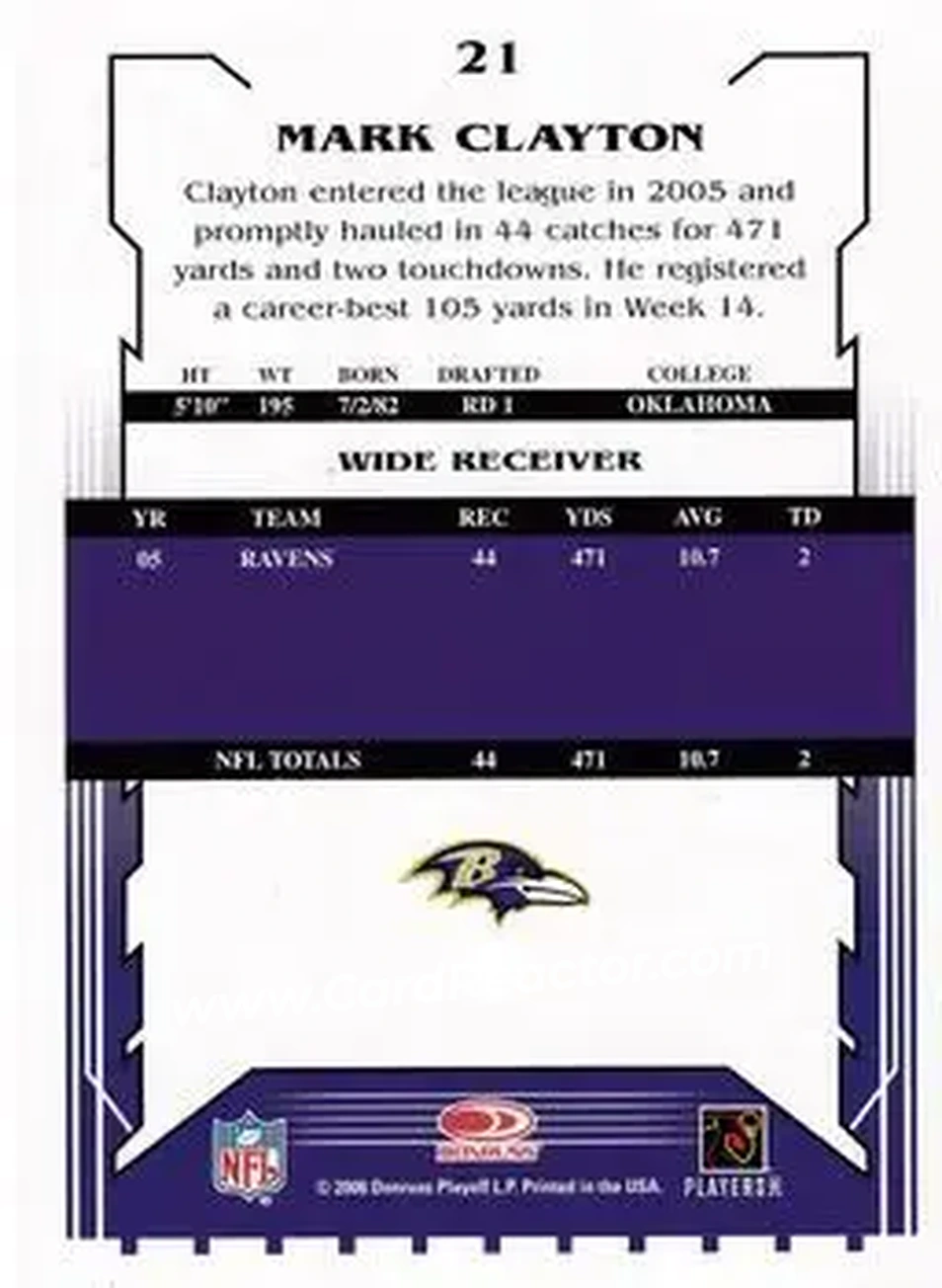2006 Score Select #21 - Mark Clayton - Baltimore Ravens - Back
