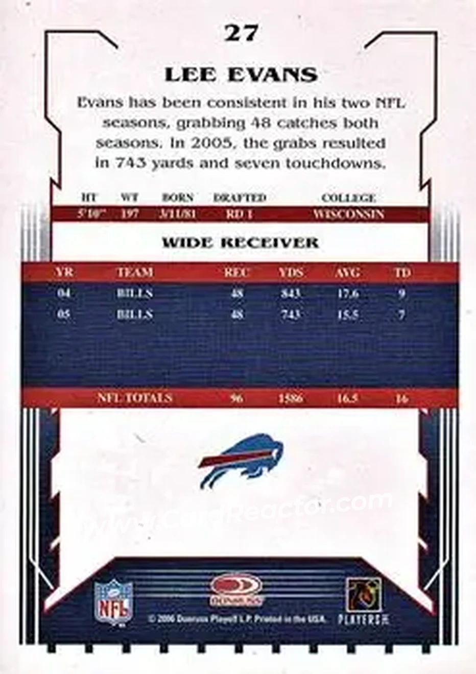 2006 Score Select #27 - Lee Evans - Buffalo Bills - Back