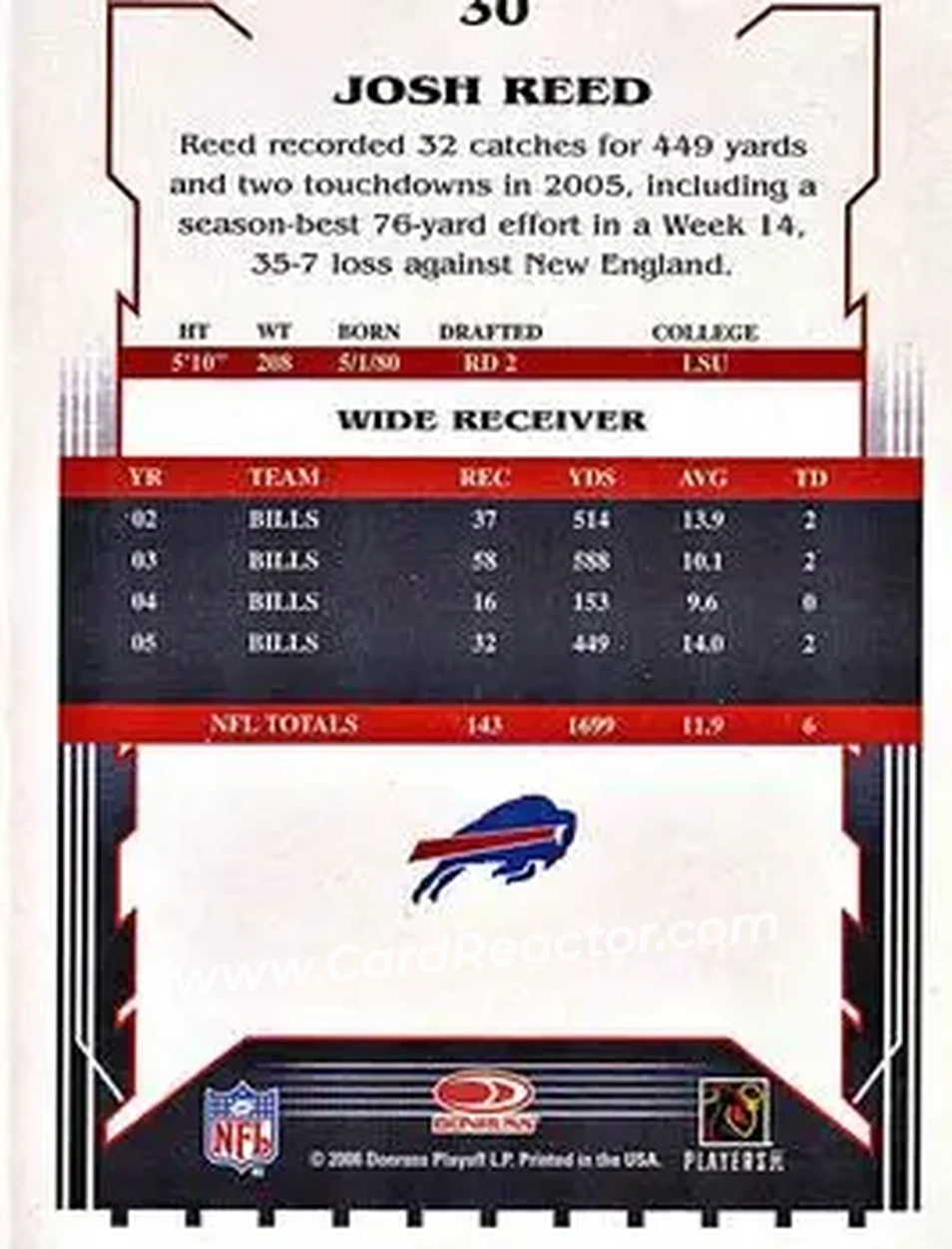 2006 Score Select #30 - Josh Reed - Buffalo Bills - Back