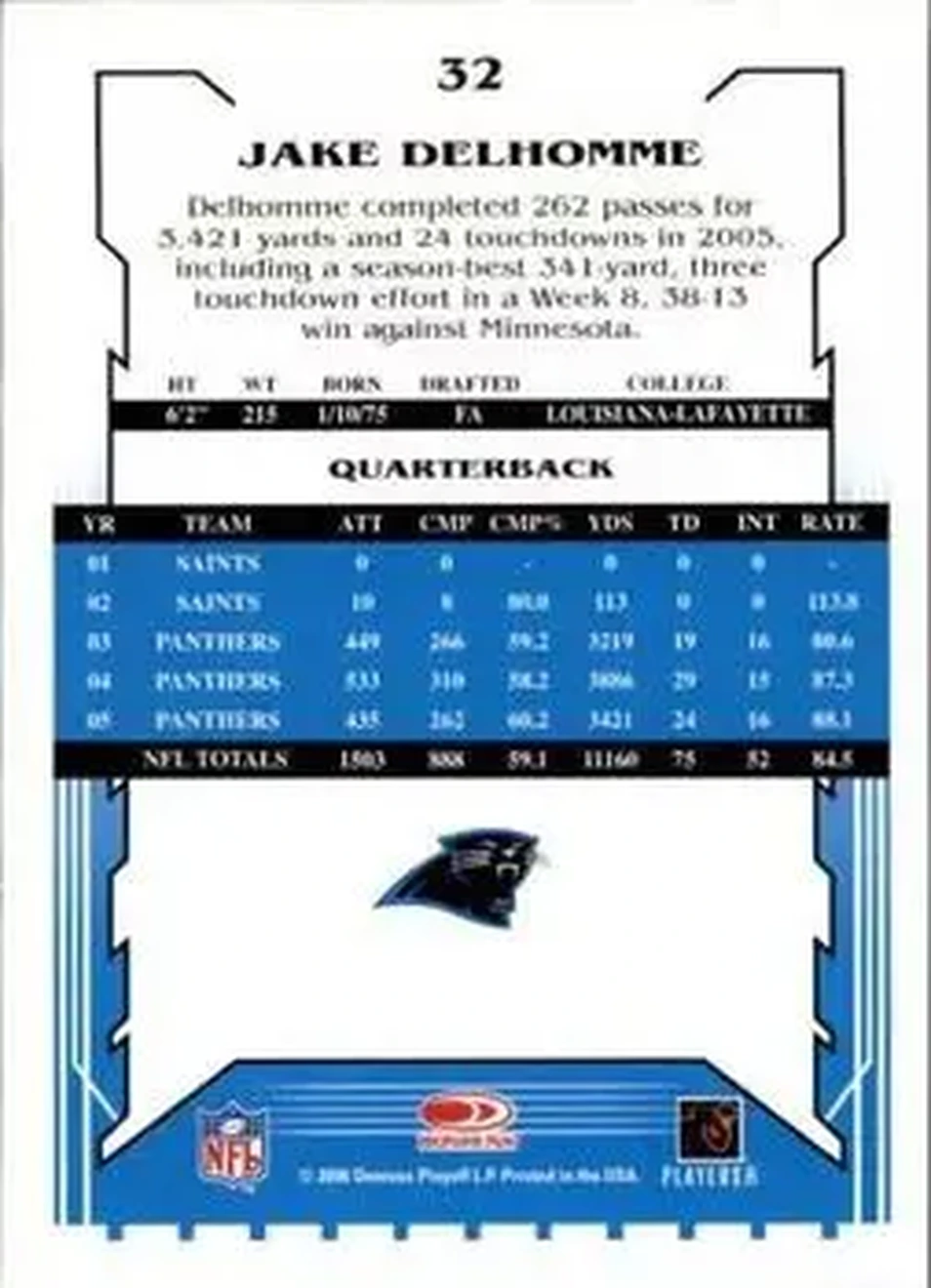 2006 Score Select #32 - Jake Delhomme - Carolina Panthers - Back