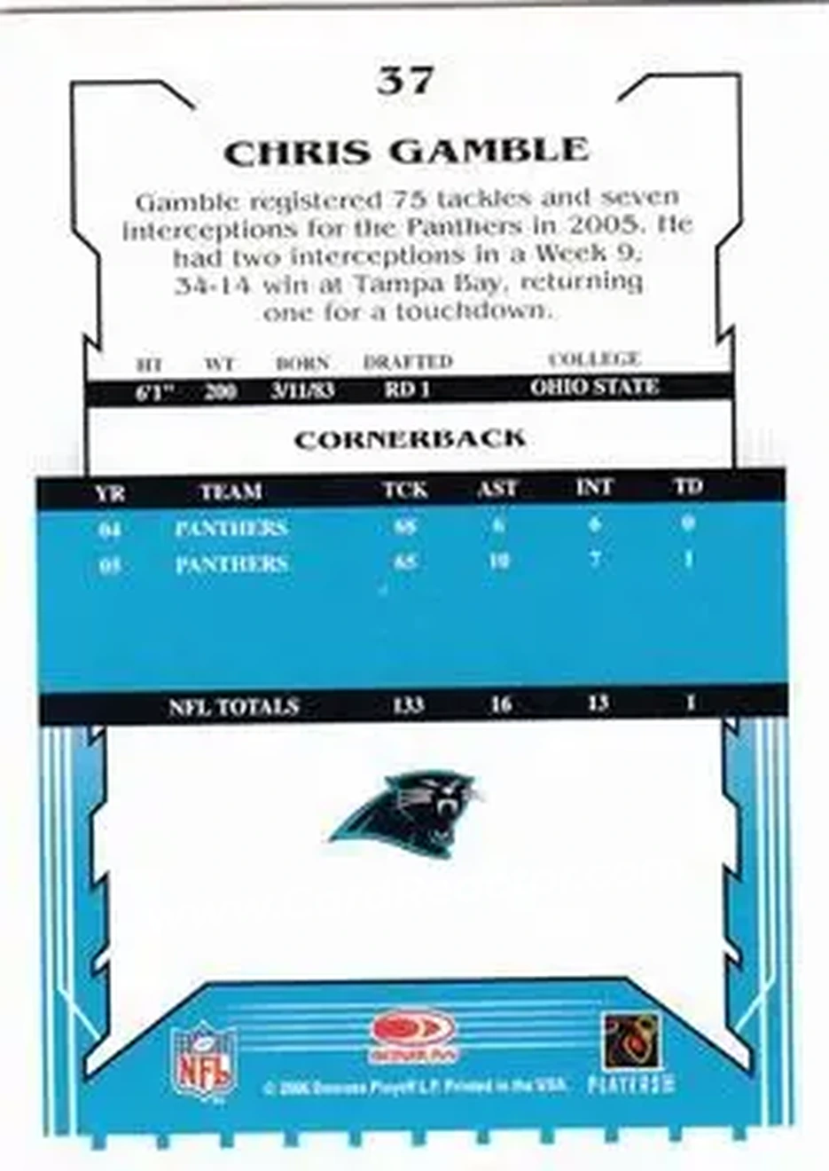 2006 Score Select #37 - Chris Gamble - Carolina Panthers - Back