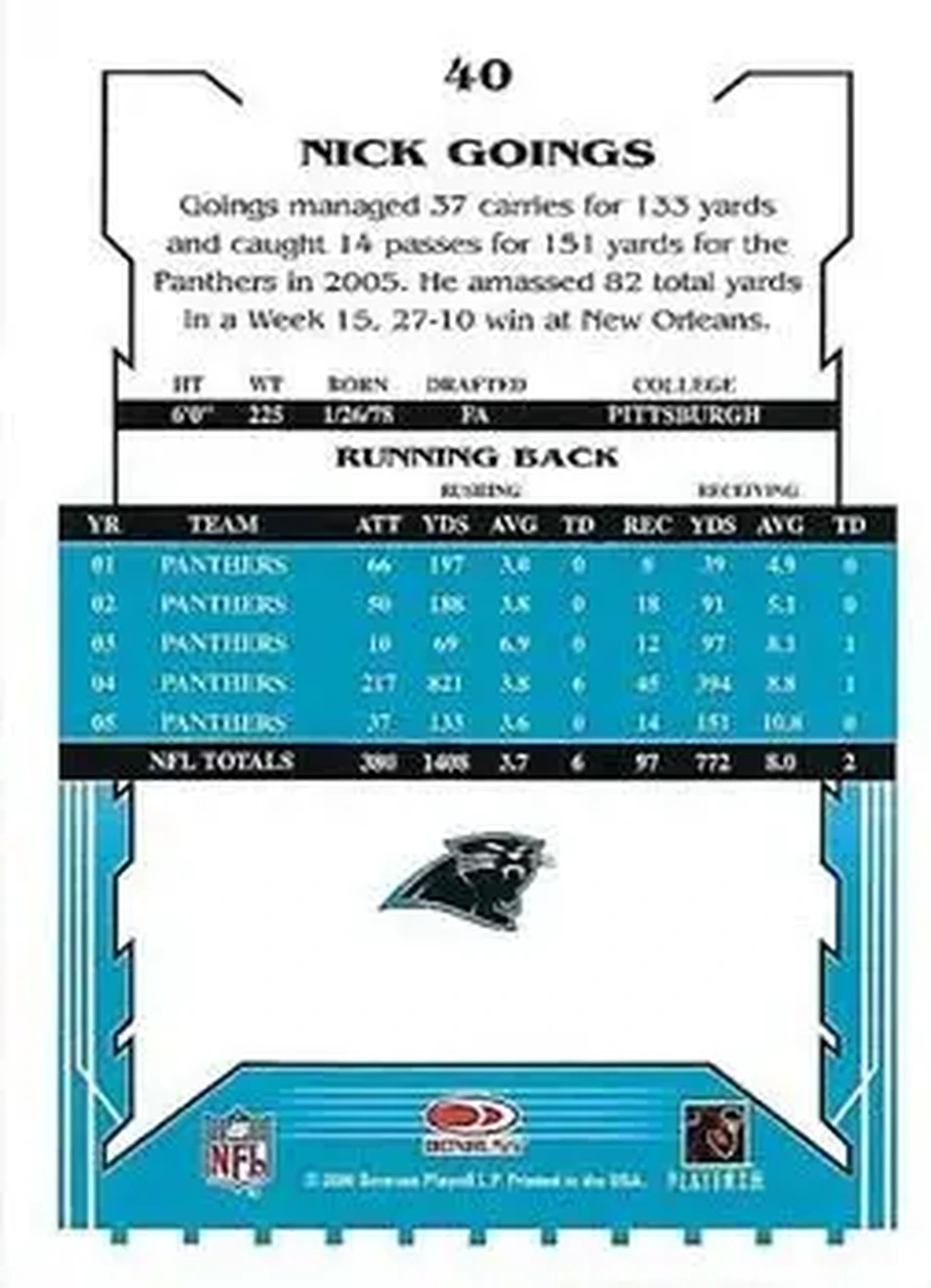 2006 Score Select #40 - Nick Goings - Carolina Panthers - Back