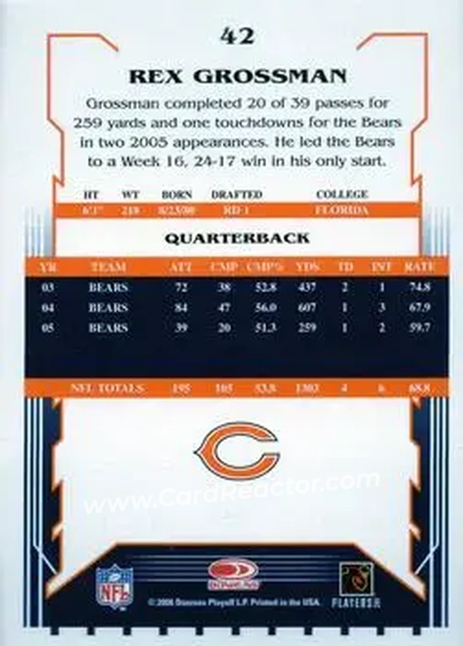 2006 Score Select #42 - Rex Grossman - Chicago Bears - Back