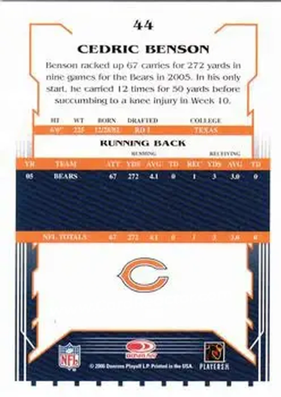 2006 Score Select #44 - Cedric Benson - Chicago Bears - Back